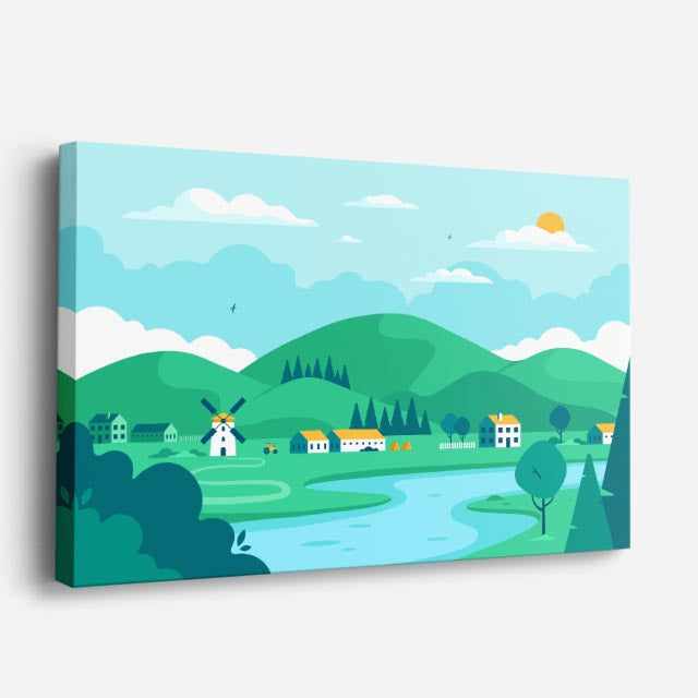 cuadro canvas paisajes digitales pradera verde lago casa horizontal
