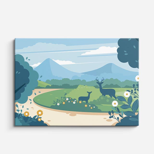 cuadro canvas paisajes digitales pradera verde ciervos montañas horizontal