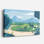 cuadro canvas paisajes digitales pradera verde ciervos montañas horizontal