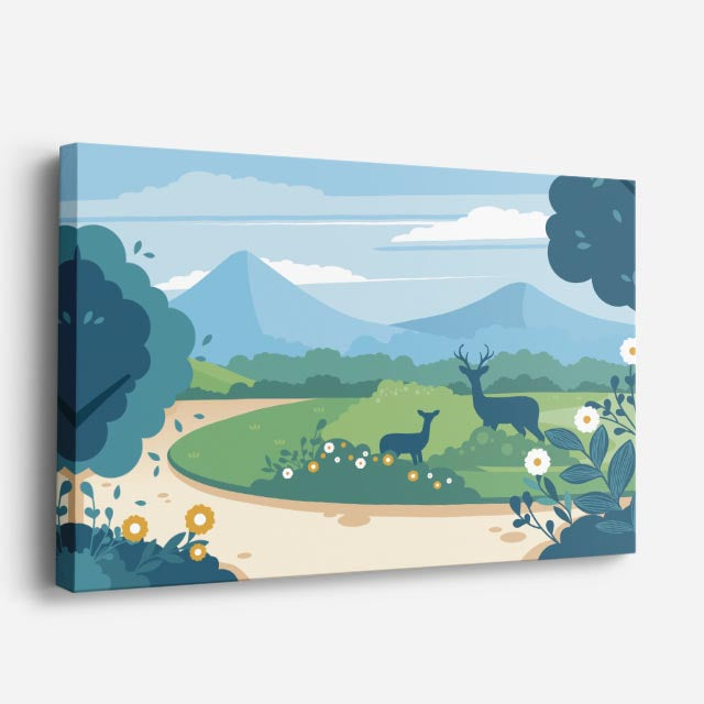 cuadro canvas paisajes digitales pradera verde ciervos montañas horizontal
