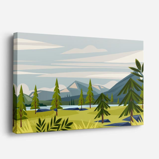 cuadro canvas paisajes digitales montañas verdes pinos lago horizontal