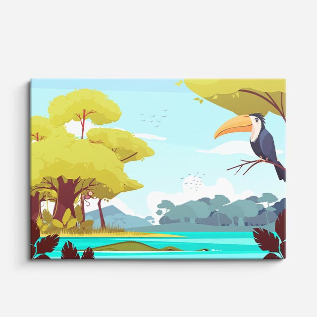 cuadro canvas paisajes digitales tucán bosque tropical lago horizontal