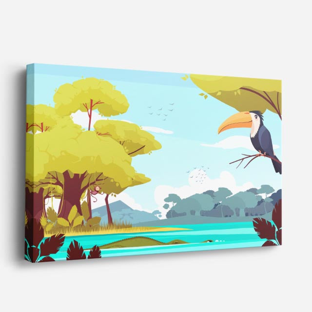 cuadro canvas paisajes digitales tucán bosque tropical lago horizontal