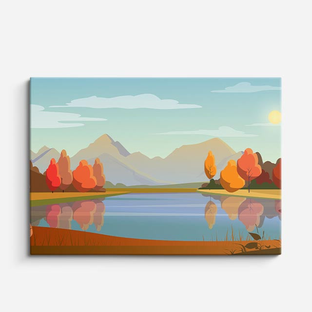 cuadro canvas paisajes digitales lago otoñal bosque naranja horizontal