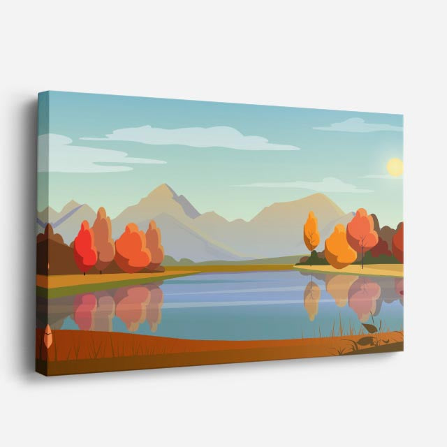 cuadro canvas paisajes digitales lago otoñal bosque naranja horizontal