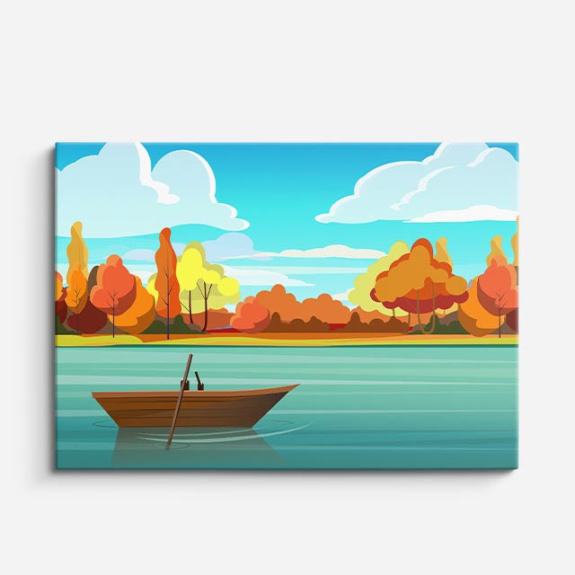 cuadro canvas paisajes digitales lago otoñal bote tranquilo horizontal