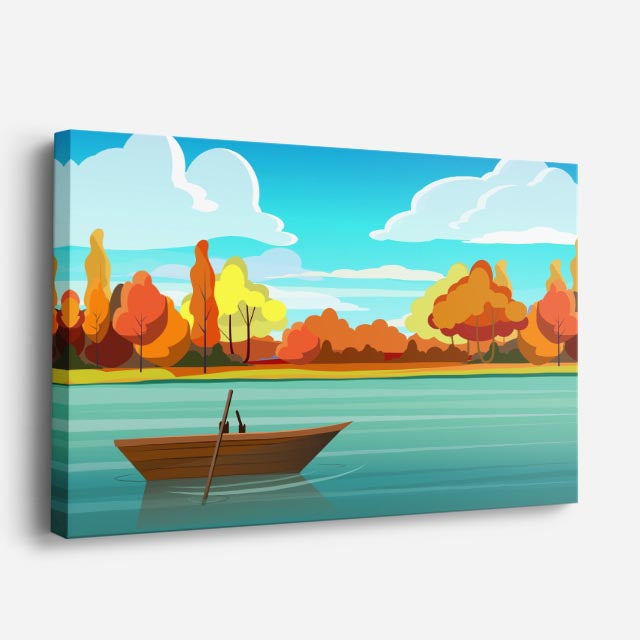 cuadro canvas paisajes digitales lago otoñal bote tranquilo horizontal