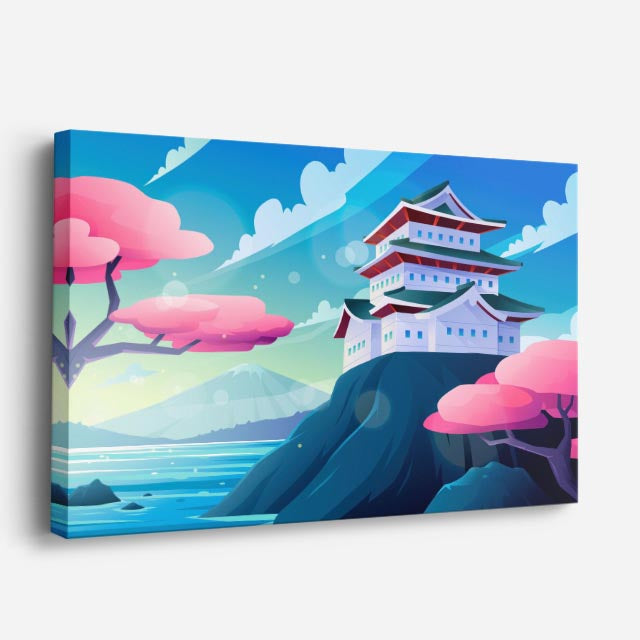 cuadro canvas paisajes digitales pagoda japonesa cerezo azul horizontal