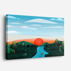 cuadro canvas paisajes digitales río sol rojo montañas horizontal