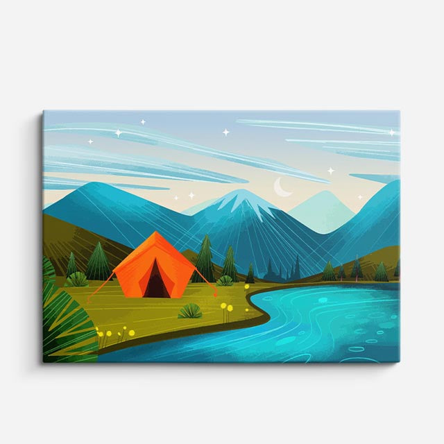 cuadro canvas paisajes digitales carpa naranja montañas teal horizontal