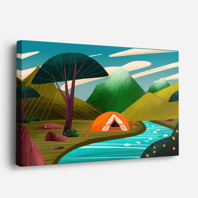 cuadro canvas paisajes digitales carpa naranja río teal horizontal