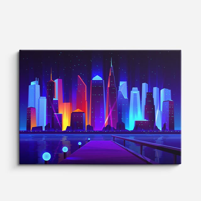 cuadro canvas paisajes digitales ciudad neon azul morado horizontal