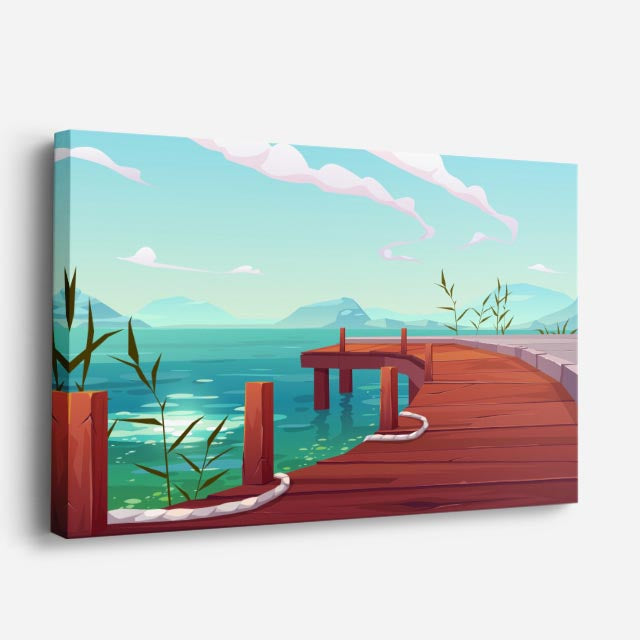 cuadro canvas paisajes digitales muelle teal lago montañas horizontal