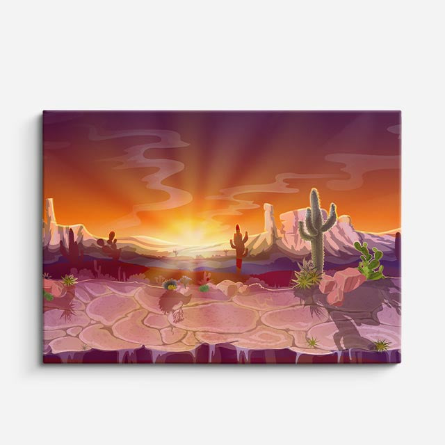 cuadro canvas paisajes digitales desierto cactus atardecer naranja horizontal