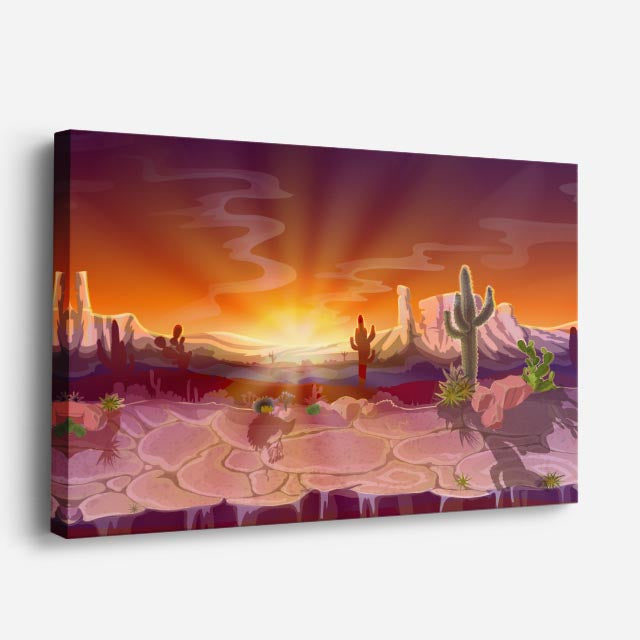 cuadro canvas paisajes digitales desierto cactus atardecer naranja horizontal