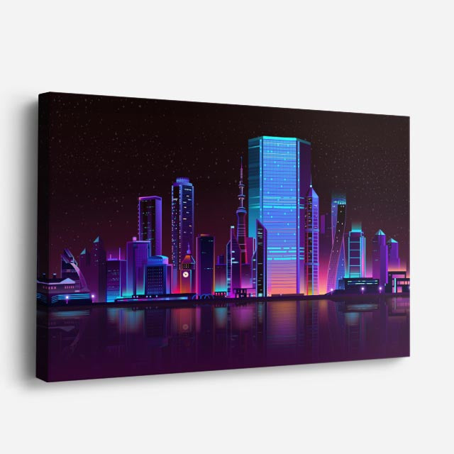 cuadro canvas paisajes digitales ciudad neon dorada noche horizontal