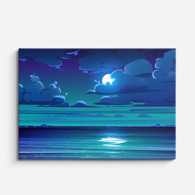 cuadro canvas paisajes digitales mar azul luna noche tranquila horizontal
