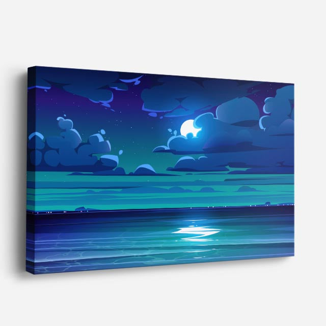 cuadro canvas paisajes digitales mar azul luna noche tranquila horizontal