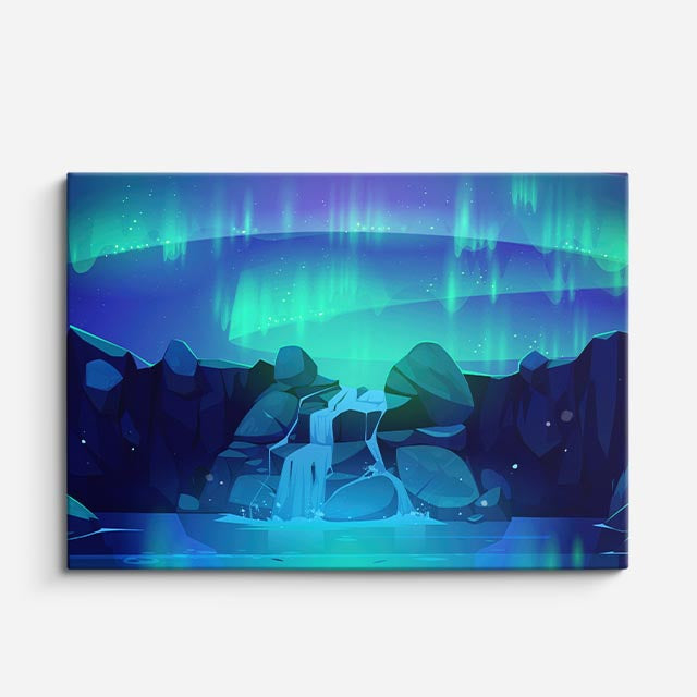 cuadro canvas paisajes digitales aurora cascada noche verde horizontal