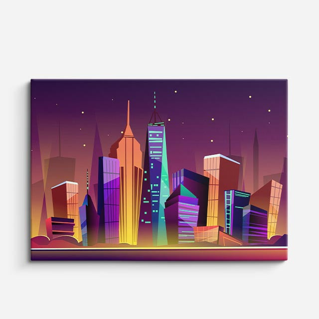 cuadro canvas paisajes digitales ciudad neon morada nocturna horizontal