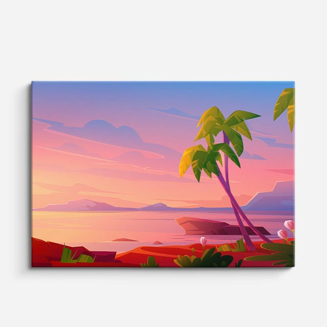 cuadro canvas paisajes digitales playa palmera atardecer rosa horizontal
