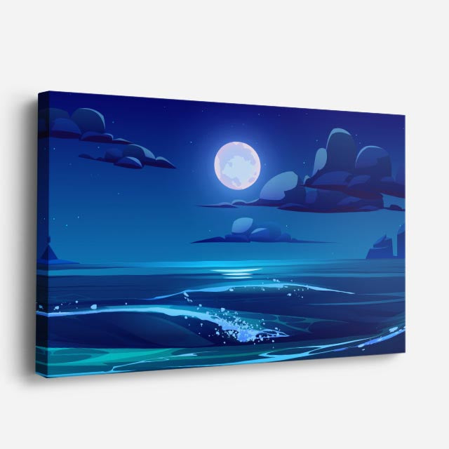 cuadro canvas paisajes digitales mar luna llena noche azul horizontal