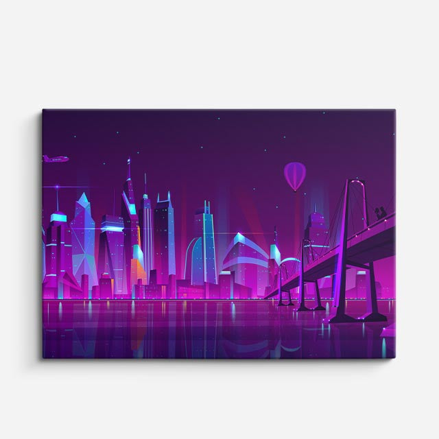 cuadro canvas paisajes digitales ciudad neon rosa morada noche horizontal