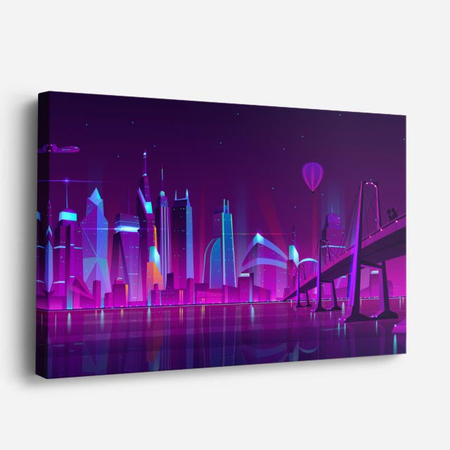 cuadro canvas paisajes digitales ciudad neon rosa morada noche horizontal