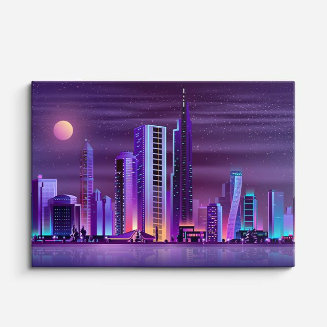cuadro canvas paisajes digitales ciudad morada noche luna horizontal