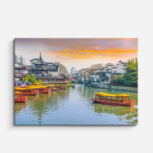 Cuadro canvas Shanghai Rio Barcos al Atardecer - Ciudades Urbano y Arquitectura - Vista Frente