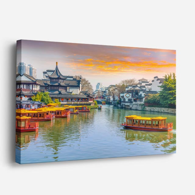 Cuadro canvas Shanghai Rio Barcos al Atardecer - Ciudades Urbano y Arquitectura - Vista Perspectiva