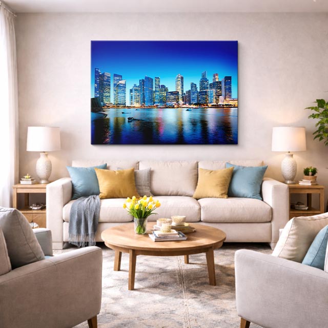 Cuadro canvas Ciudad Costera Nocturna Azul - Ciudades Urbano y Arquitectura - Vista Lifestyle