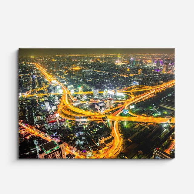 Cuadro canvas Autopista Aerea Nocturna Dorada - Ciudades Urbano y Arquitectura - Vista Frente