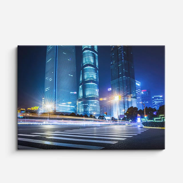 Cuadro canvas Shanghai Noche Rascacielos Azul - Ciudades Urbano y Arquitectura - Vista Frente