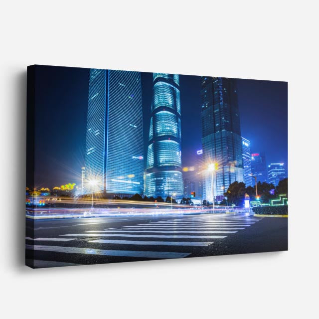 Cuadro canvas Shanghai Noche Rascacielos Azul - Ciudades Urbano y Arquitectura - Vista Perspectiva