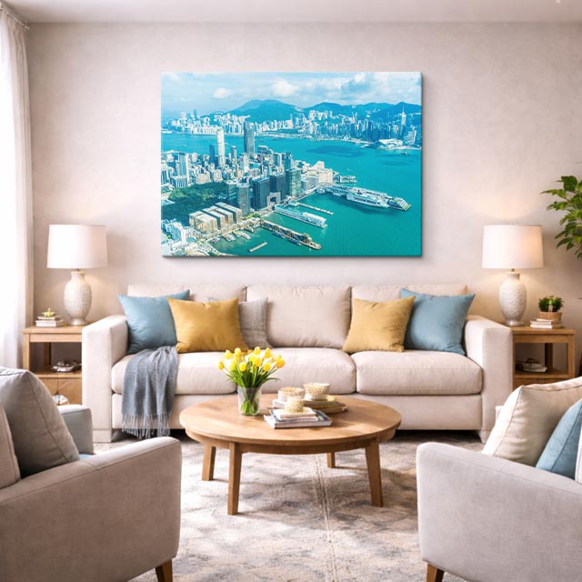Cuadro canvas Hong Kong Puerto Aereo Turquesa - Ciudades Urbano y Arquitectura - Vista Lifestyle