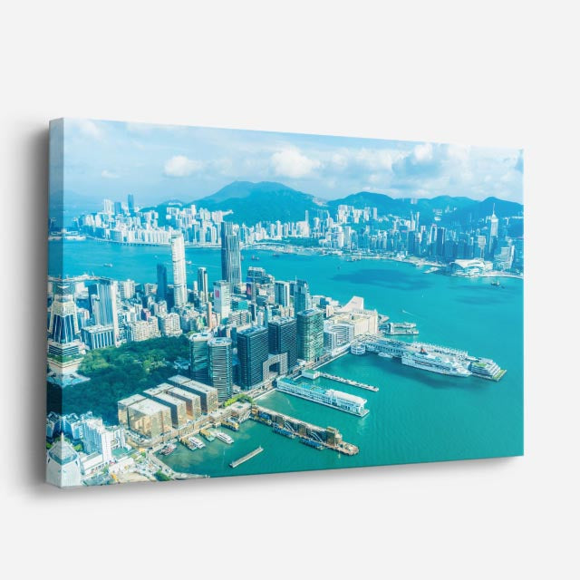 Cuadro canvas Hong Kong Puerto Aereo Turquesa - Ciudades Urbano y Arquitectura - Vista Perspectiva