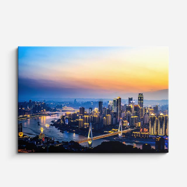 Cuadro canvas Ciudad China Rio Luces Noche - Ciudades Urbano y Arquitectura - Vista Frente