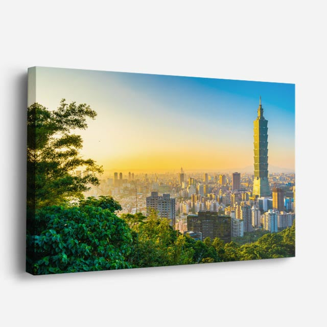 Cuadro canvas Ciudad Tropical Dorada Atardecer - Ciudades Urbano y Arquitectura - Vista Perspectiva