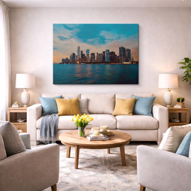 Cuadro canvas Ciudad Costera Crepusculo Azul - Ciudades Urbano y Arquitectura - Vista Lifestyle
