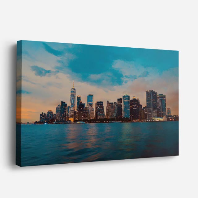 Cuadro canvas Ciudad Costera Crepusculo Azul - Ciudades Urbano y Arquitectura - Vista Perspectiva