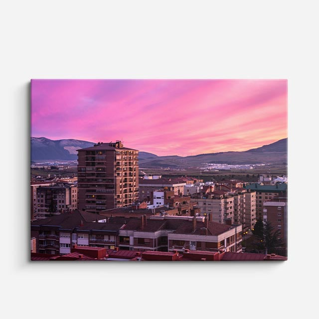 Cuadro canvas Ciudad Montana Atardecer Rosa - Ciudades Urbano y Arquitectura - Vista Frente