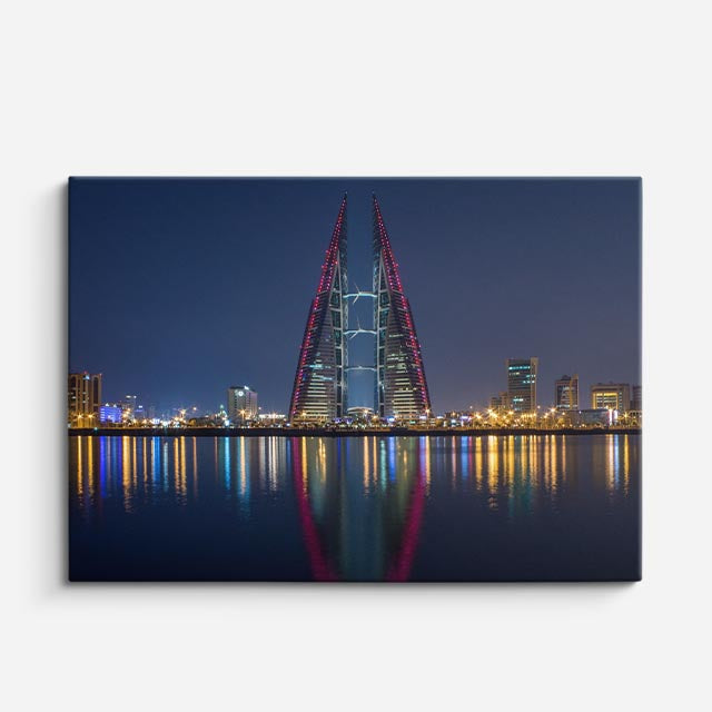 Cuadro canvas Barein Skyline Nocturno Reflejado - Ciudades Urbano y Arquitectura - Vista Frente