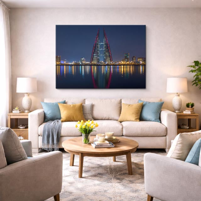 Cuadro canvas Barein Skyline Nocturno Reflejado - Ciudades Urbano y Arquitectura - Vista Lifestyle