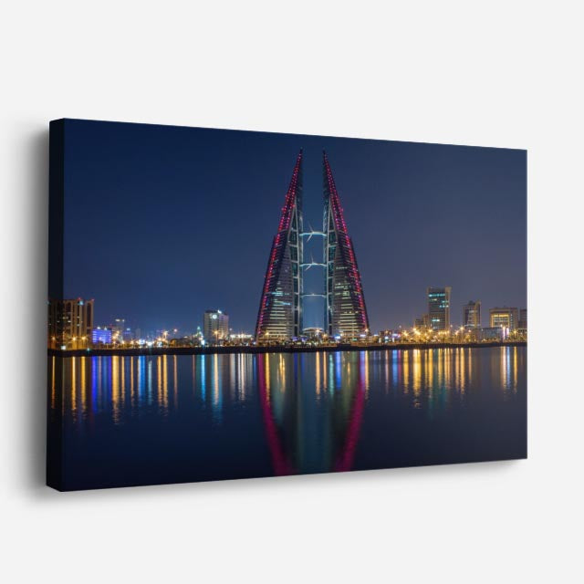 Cuadro canvas Barein Skyline Nocturno Reflejado - Ciudades Urbano y Arquitectura - Vista Perspectiva