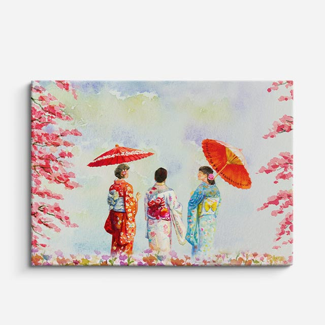 Cuadro canvas Geishas Japonesas Paraguas Pintura - Ciudades Urbano y Arquitectura - Vista Frente