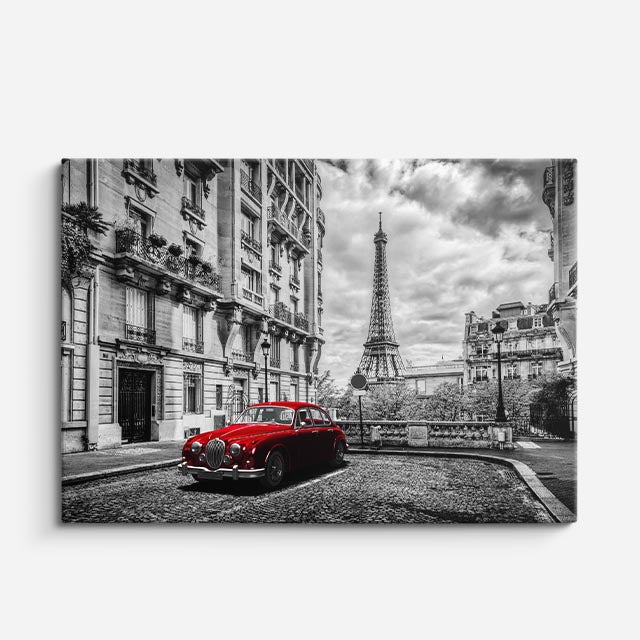 Cuadro canvas Paris Calle Eiffel Coche Rojo - Ciudades Urbano y Arquitectura - Vista Frente