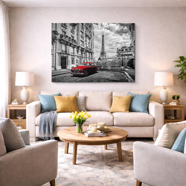 Cuadro canvas Paris Calle Eiffel Coche Rojo - Ciudades Urbano y Arquitectura - Vista Lifestyle