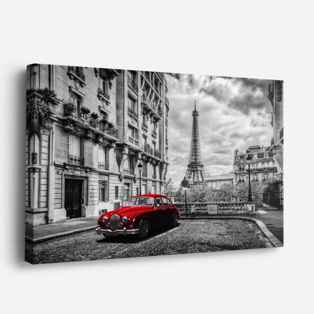 Cuadro canvas Paris Calle Eiffel Coche Rojo - Ciudades Urbano y Arquitectura - Vista Perspectiva