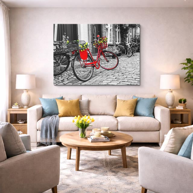 Cuadro canvas Amsterdam Bicicleta Flores Roja - Ciudades Urbano y Arquitectura - Vista Lifestyle